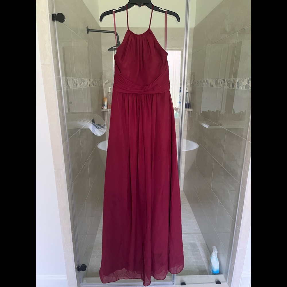 Maroon bridesmaid dress.